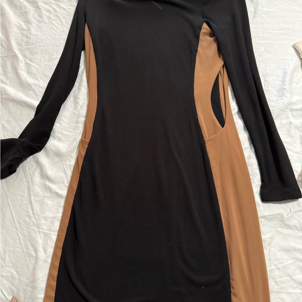JLUXLABEL Black and Tan Sheath Maxi Dress with Bell Sleeves